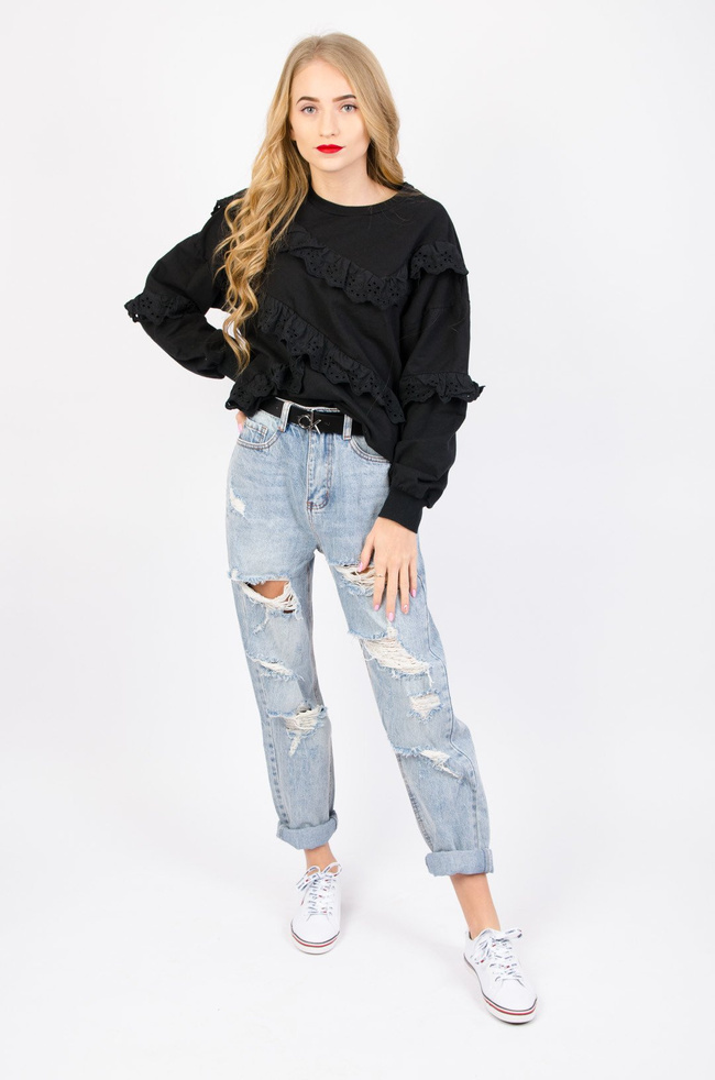 BLUZA Z AŻUROWYMI FALBANAMI W KOLORZE CZARNYM 