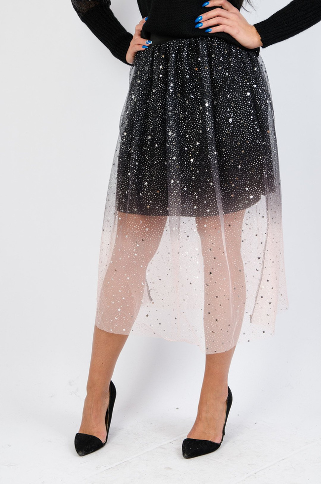 Czarno-różowa tiulowa spódnica z brokatem