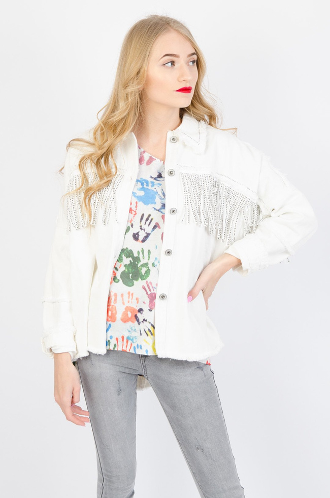 BIAŁA KURTKA JEANSOWA OVERSIZE Z FRĘDZLAMI