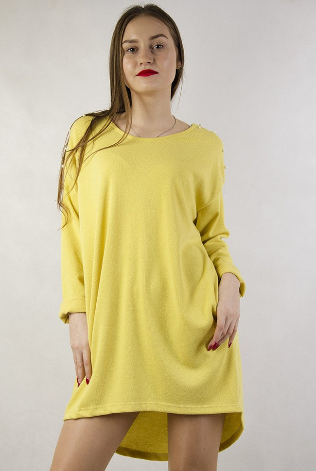 Żółta asymetryczna tunika z perełkami oraz wycięciem na plecach