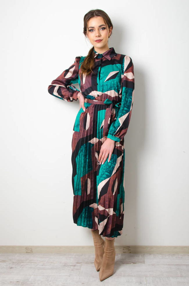 SUKIENKA DŁUGA WE WZORY Z PLISOWANYM DOŁEM- BRĄZOWO-ZIELONA