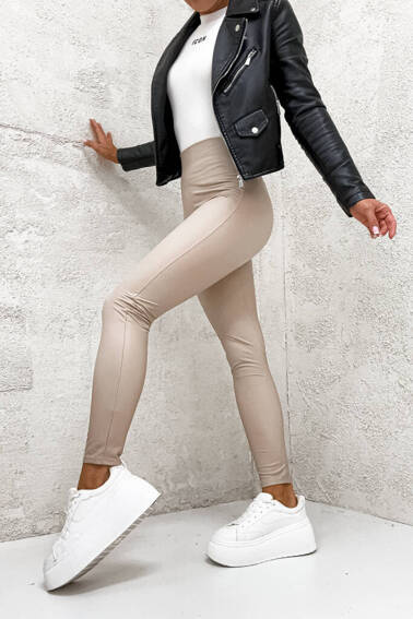 JASNO BEŻOWE LEGGINSY Z IMITACJI SKÓRY - WYSOKI STAN