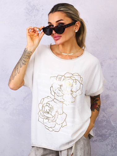 BLUZKA Z OZDOBNYMI ZŁOTYMI KWIATAMI- JASNOBEŻOWA