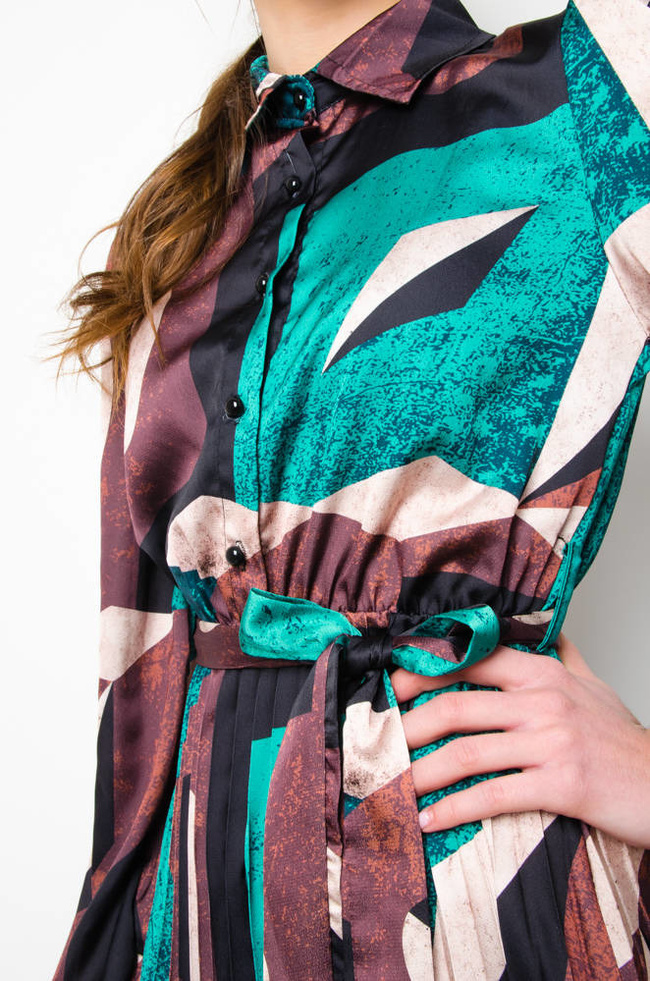 SUKIENKA DŁUGA WE WZORY Z PLISOWANYM DOŁEM- BRĄZOWO-ZIELONA