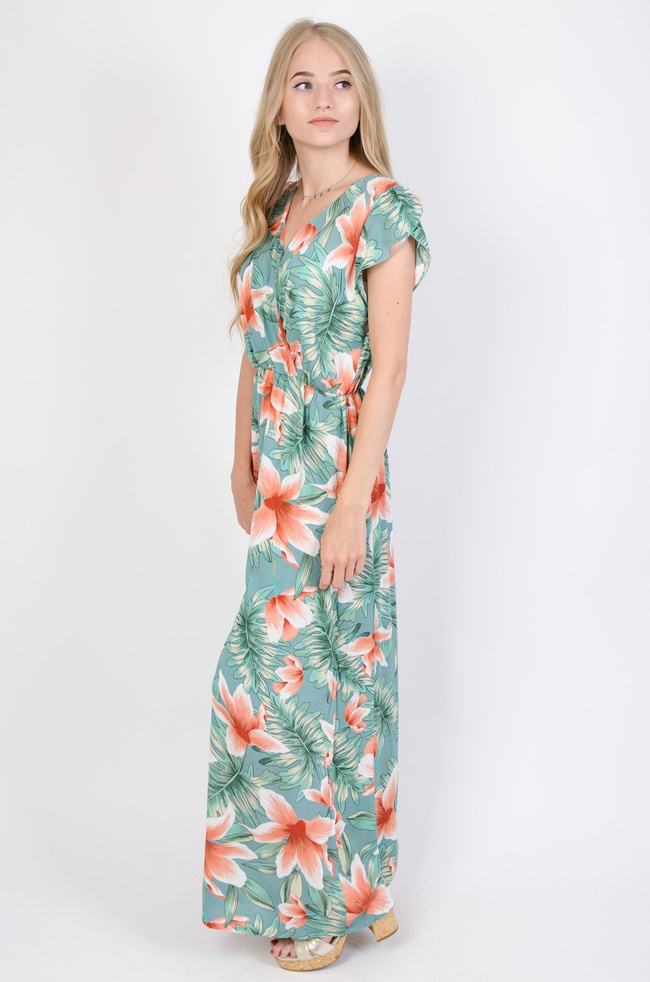 Zielona sukienka w kwiaty z kopertowym dekoltem 