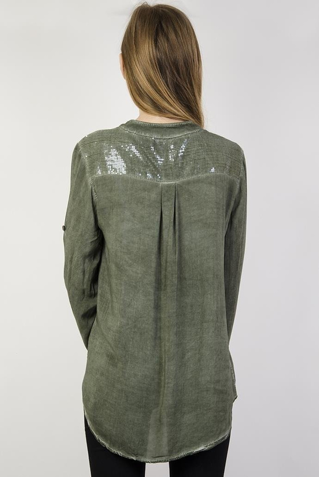 Koszula asymetryczna mgiełka khaki z cekinami