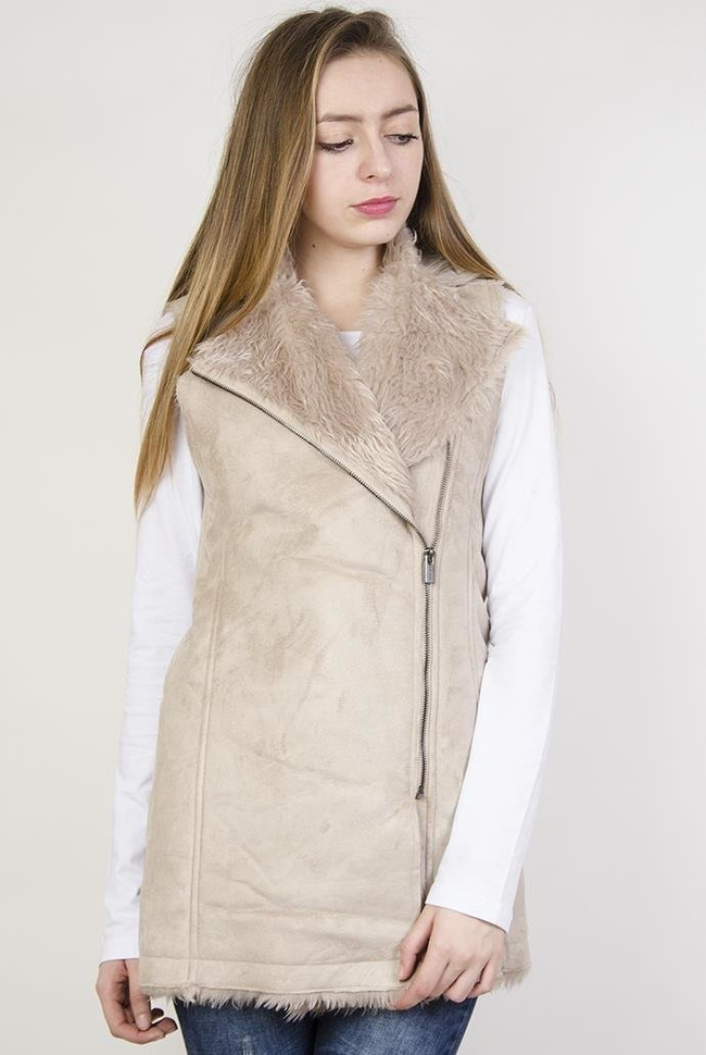 Beżowa kamizelka z futerkowym wnętrzem