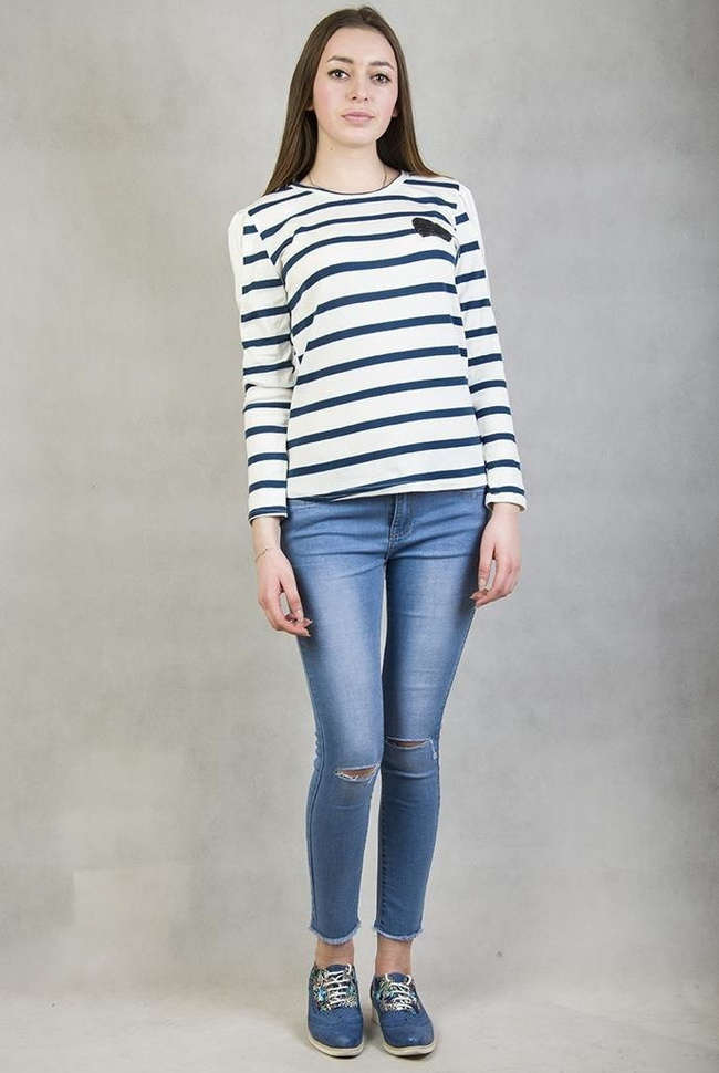 Biało-granatowa bluzka w paski z czarnym serduszkiem w cekiny