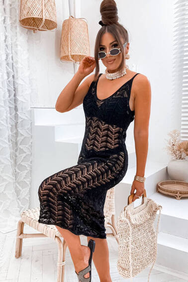 SUKIENKA MAXI AŻUROWA BOHO- CZARNA