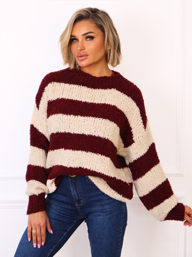 SWETER Z BUKLI W PASKI- BORDOWY