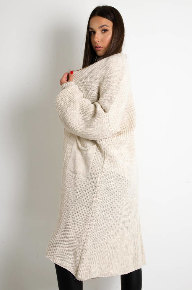 BEŻOWY DŁUGI SWETER KARDIGAN Z SZEROKIMI RĘKAWAMI