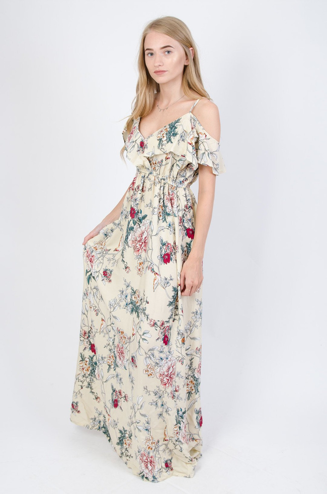 Długa kremowa sukienka w kwiaty z hiszpańskim dekoltem 