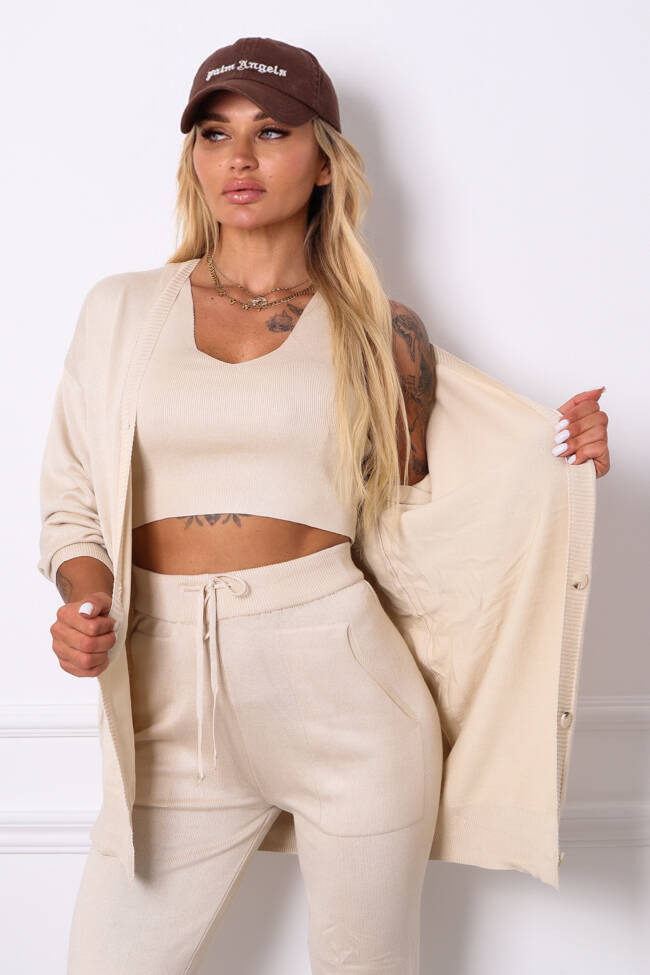 KOMPLET DZIANINOWY SPODNIE+ TOP+ KARDIGAN- BEŻOWY