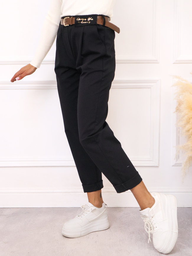 SPODNIE MATERIAŁOWE Z NASZYWKĄ+ PASEK- CZARNE