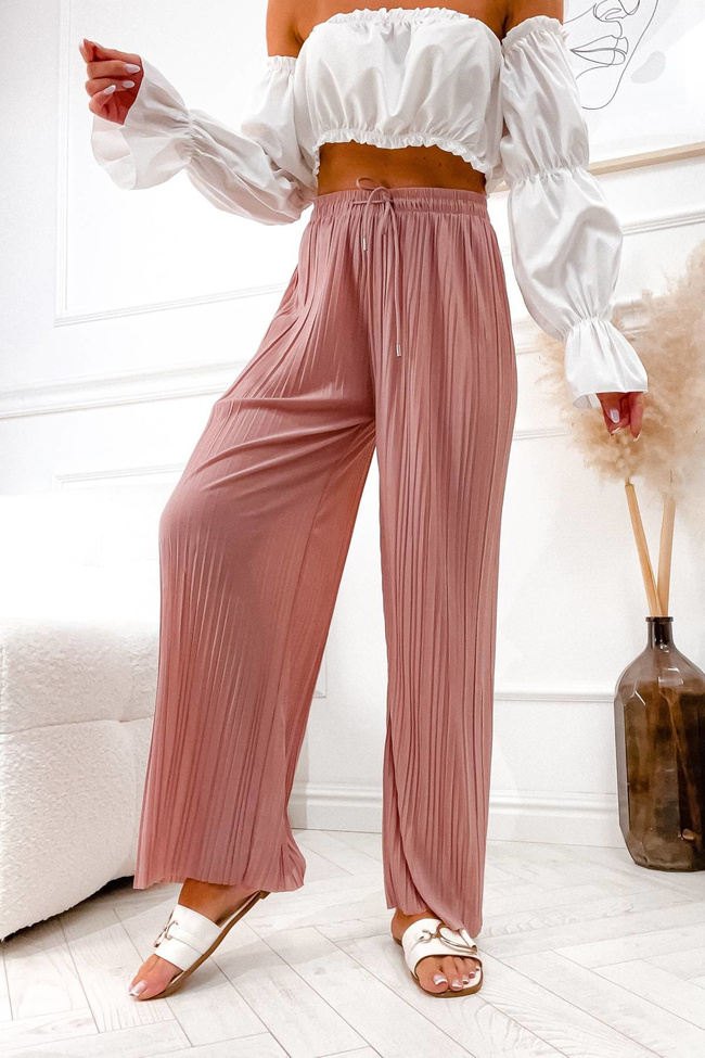 RÓŻOWE SPODNIE Z SZEROKIMI PLISOWANYMI NOGAWKAMI-WYSOKI STAN