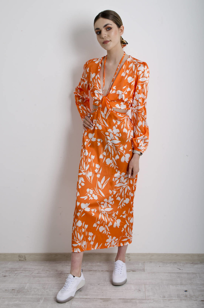 SUKIENKA POMARAŃCZOWA W KWIATY Z WYCIĘCIEM