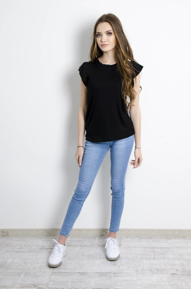 BLUZKA PRĄŻKOWANA Z FALBANKĄ  CZARNA