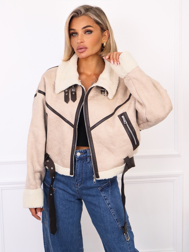 KURTKA ZIMOWA KOŻUSZEK Z PASKIEM NA DOLE- BEŻOWY