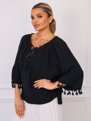 BLUZKA Z WIĄZANIEM I FRĘDZLAMI PRZY RĘKAWACH- CZARNA