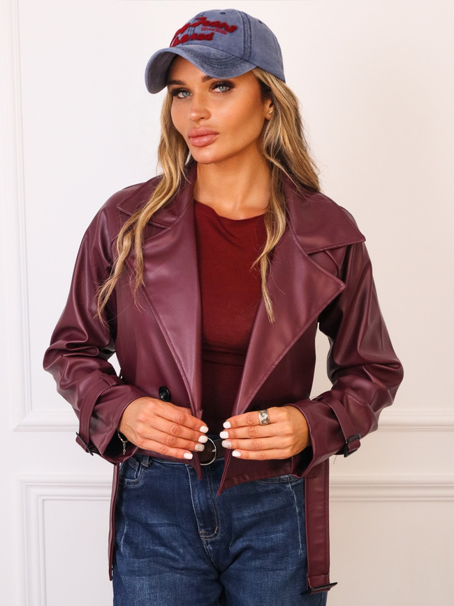 KURTKA KRÓTKI TRENCZ Z IMITACJI SKÓRY- BORDOWA