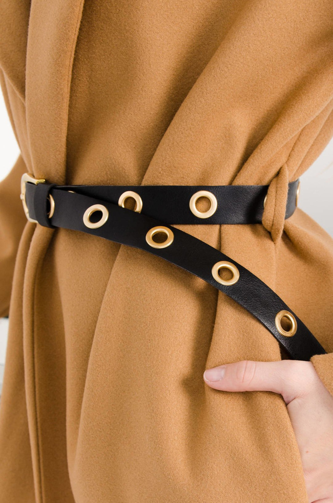 BRĄZOWY DŁUGI PŁASZCZ Z PASKIEM 