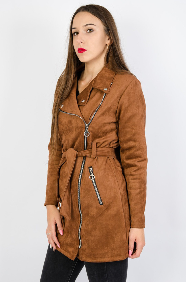 Brązowy płaszcz z imitacji zamszu