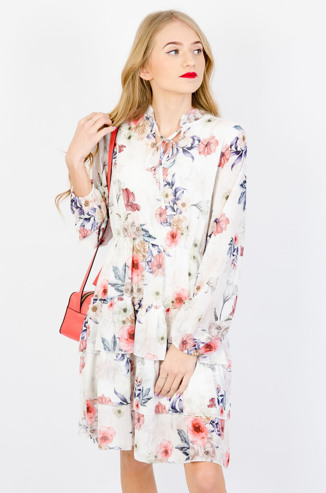 BIAŁA WARSTWOWA SUKIENKA W KWIATY