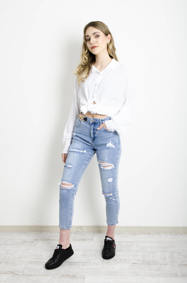 SPODNIE JEANSOWE MOM FIT Z ŁAŃCUCHEM 