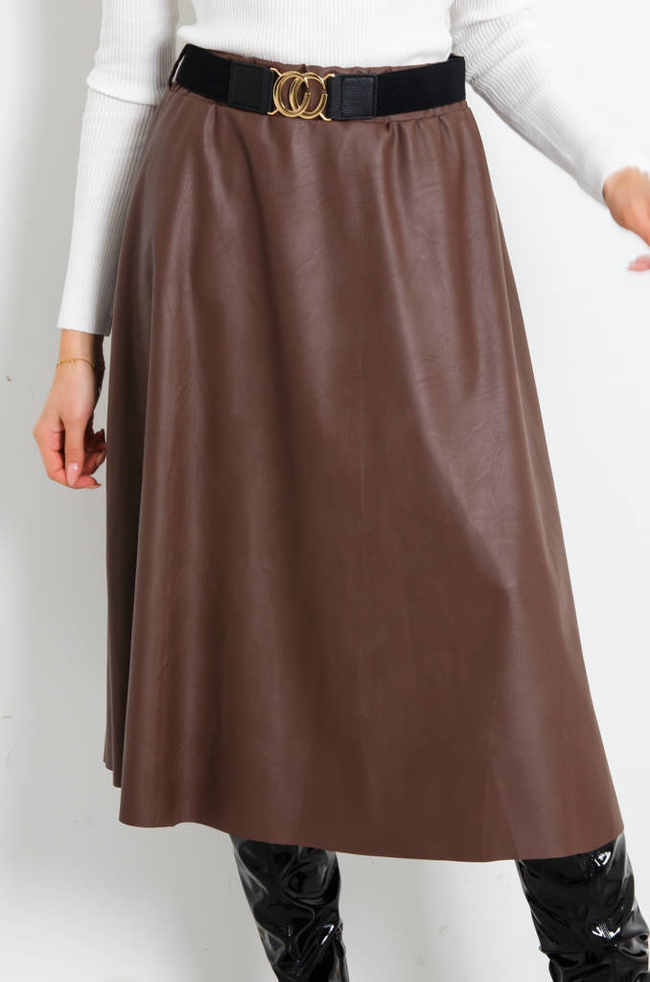 BRĄZOWA ROZKLOSZOWANA SPÓDNICA Z IMITACJI SKÓRY+ PASEK