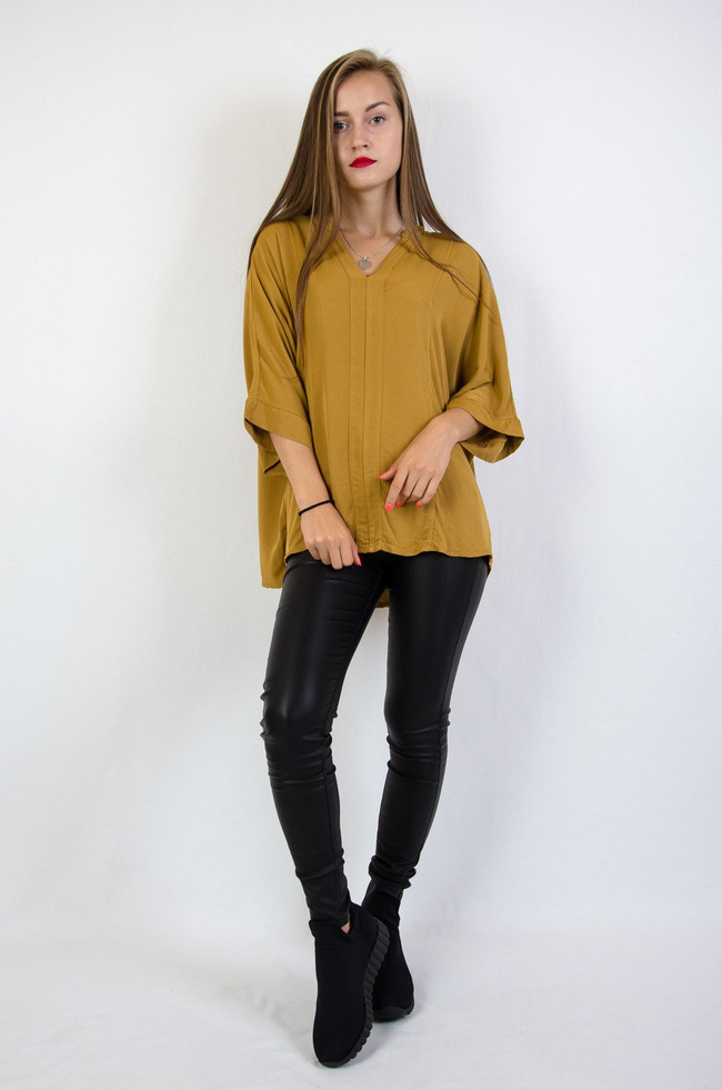 Żółta bluzka nietoperz z przedłużanym tyłem 