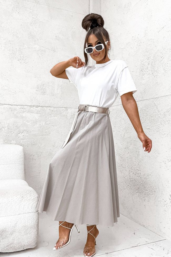 ROZKLOSZOWANA BAWEŁNIANA SPÓDNICA Z PASKIEM- SZARA