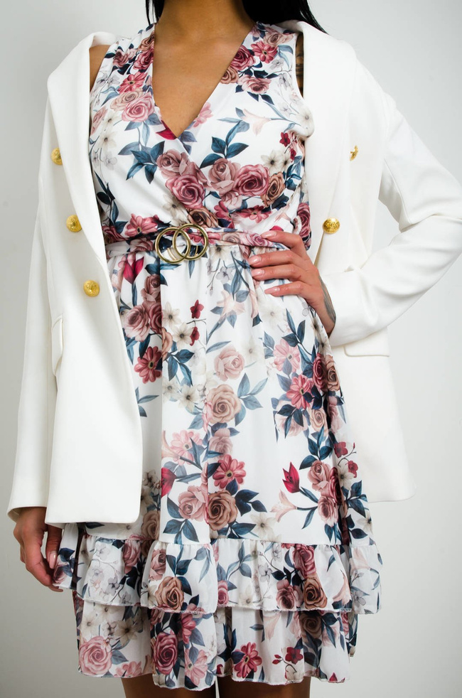 BIAŁA SUKIENKA W KWIATY Z PASKIEM