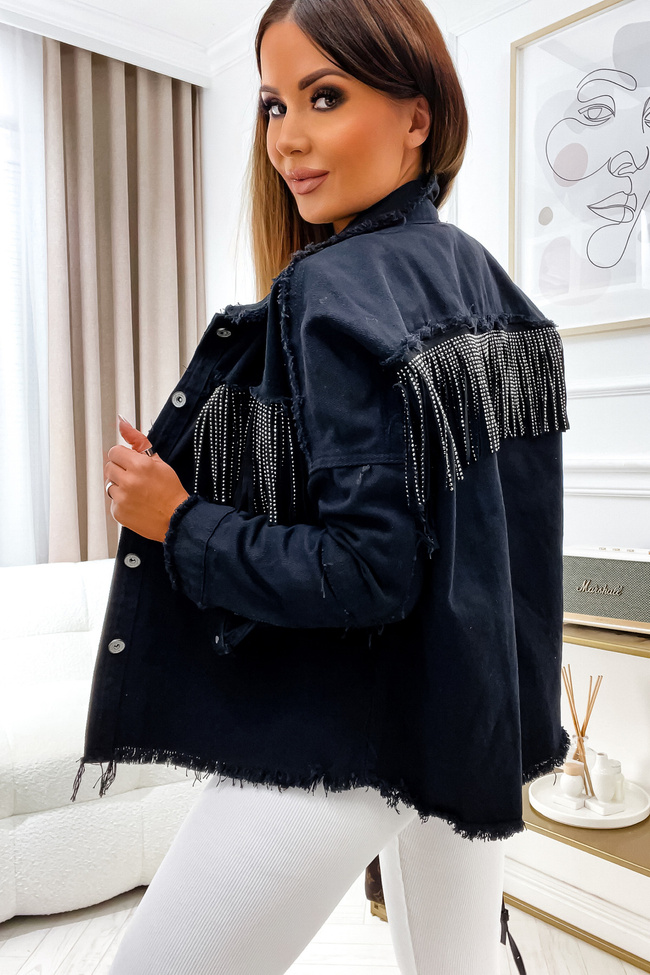 CZARNA KURTKA JEANSOWA Z FRĘDZLAMI