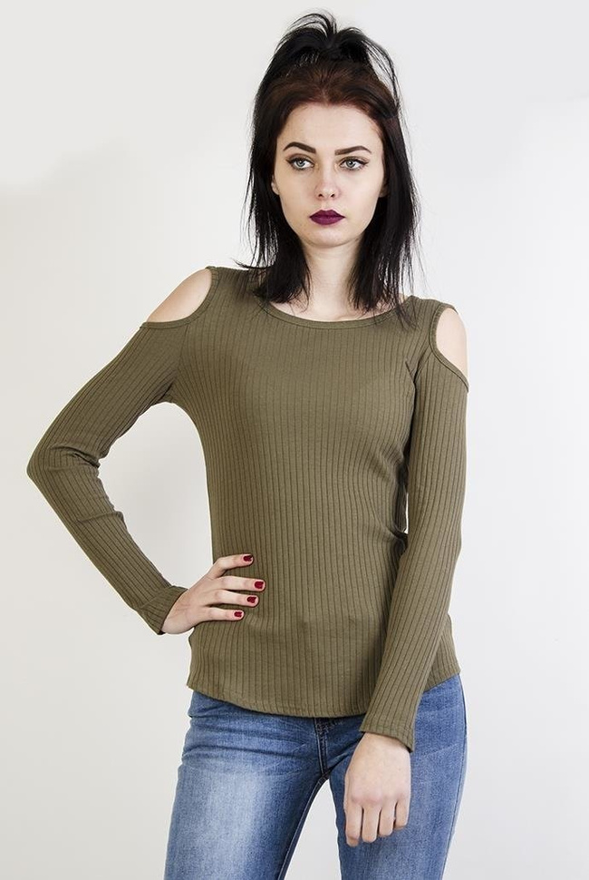 Zielona prążkowana bluzka z wycięciami na ramionach