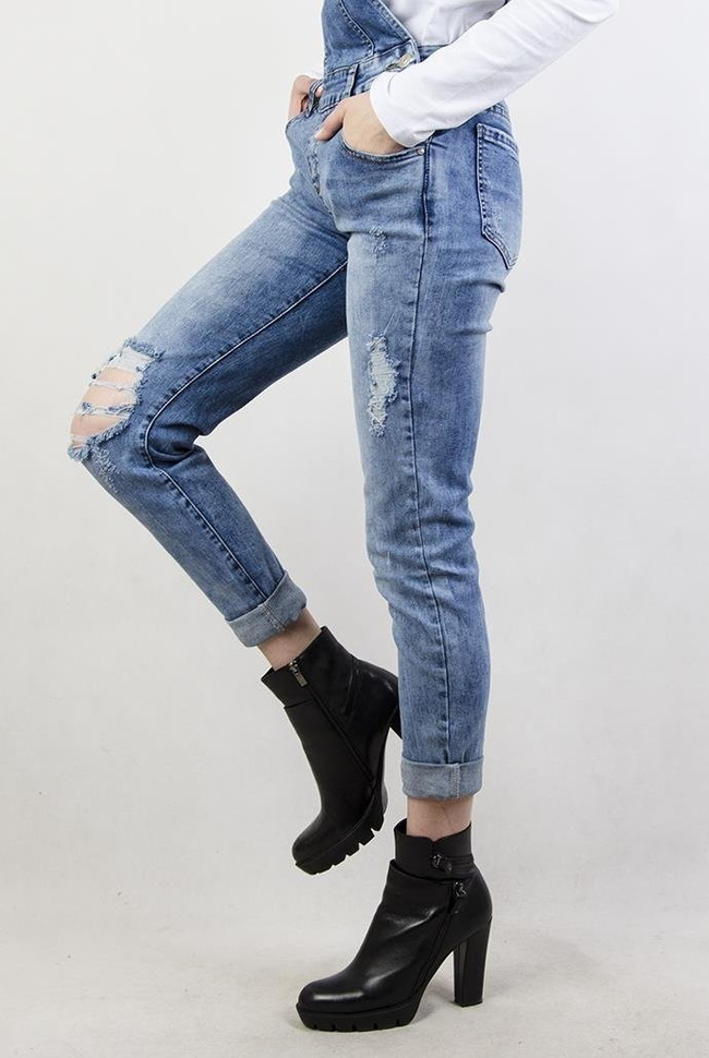 Spodnie jeansowe ogrodniczki, z przetarciami