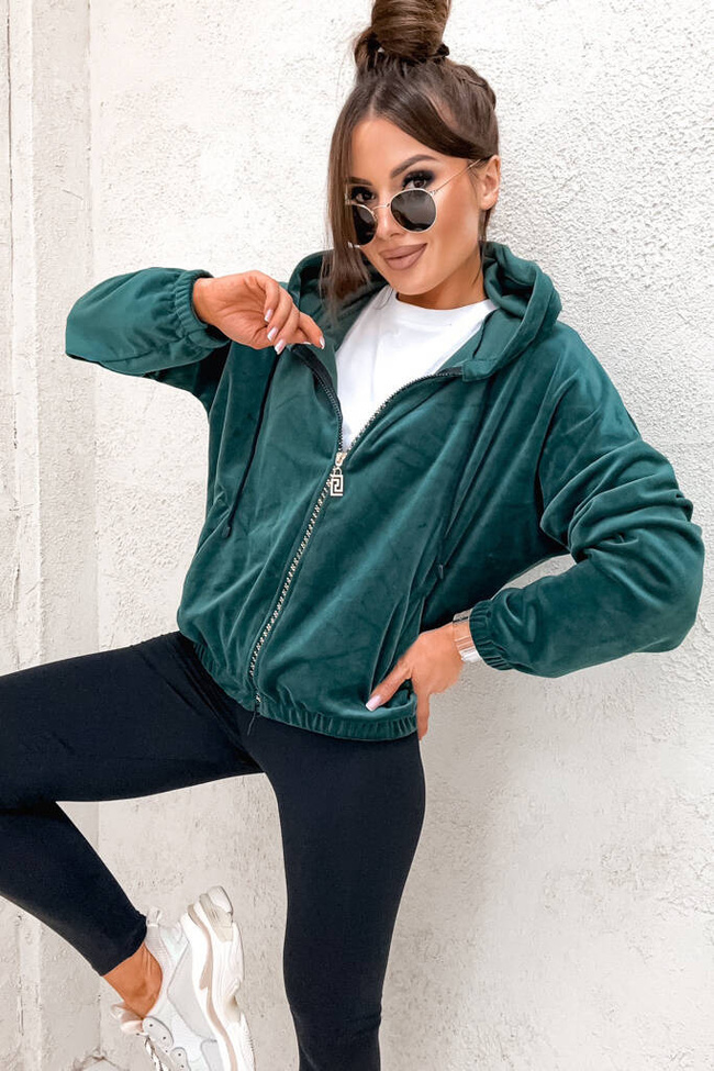 BLUZA ZAMSZOWA Z OZDOBNYM ZAMKIEM- BUTELKOWA ZIELEŃ