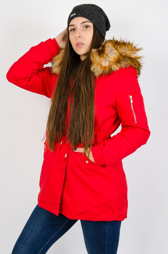 Czerwona kurtka parka z doczepianym futerkiem