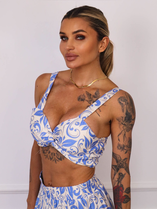 KOMPLET WZORZYSTY TOP+ SPÓDNICA Z ROZCIĘCIEM- NIEBIESKI