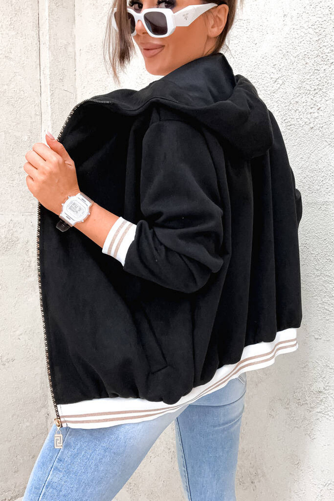 BLUZA ZAMSZOWA Z KONTRASTOWYMI ŚCIĄGACZAMI- CZARNA