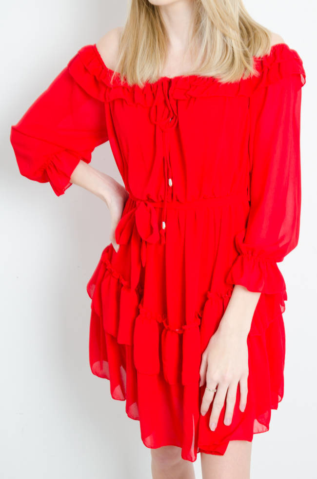 SUKIENKA SZYFONOWA Z HISZPAŃSKIM DEKOLTEM CZERWONA