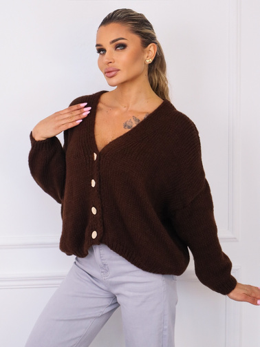 LUŹNY SWETER ZE ZŁOTYMI GUZIKAMI- CIEMNY BRĄZ