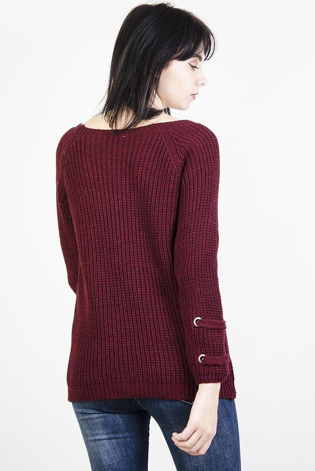 Bordowy sweter z wiązaniem w dekolcie