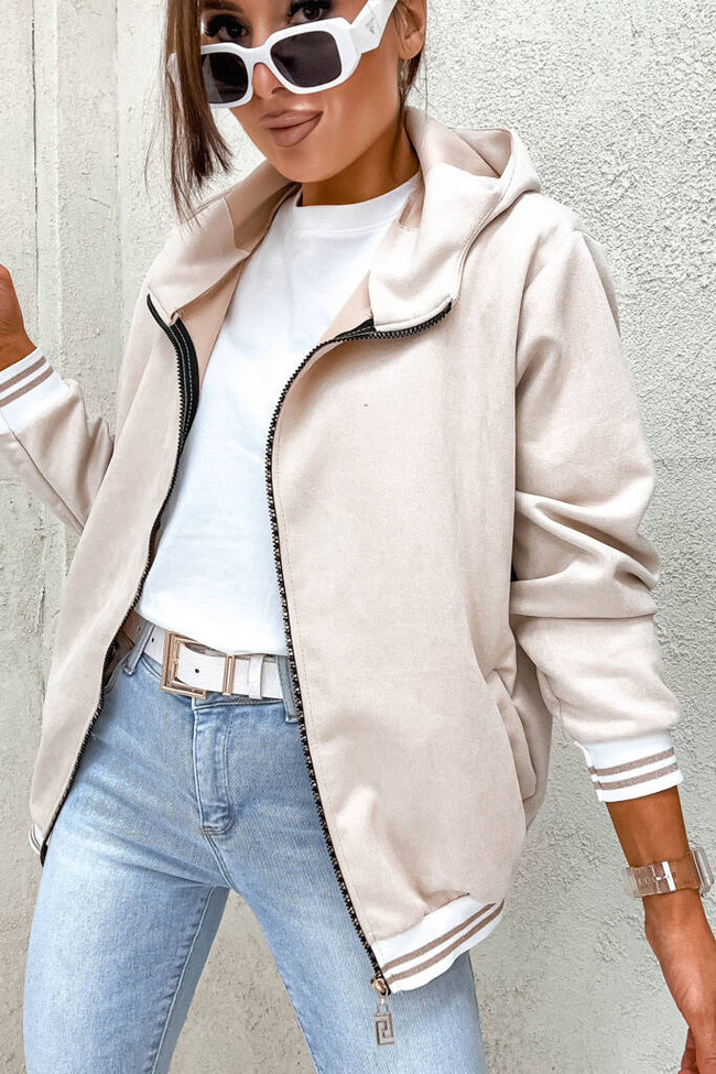 BLUZA ZAMSZOWA Z KONTRASTOWYMI ŚCIĄGACZAMI- BEŻOWA