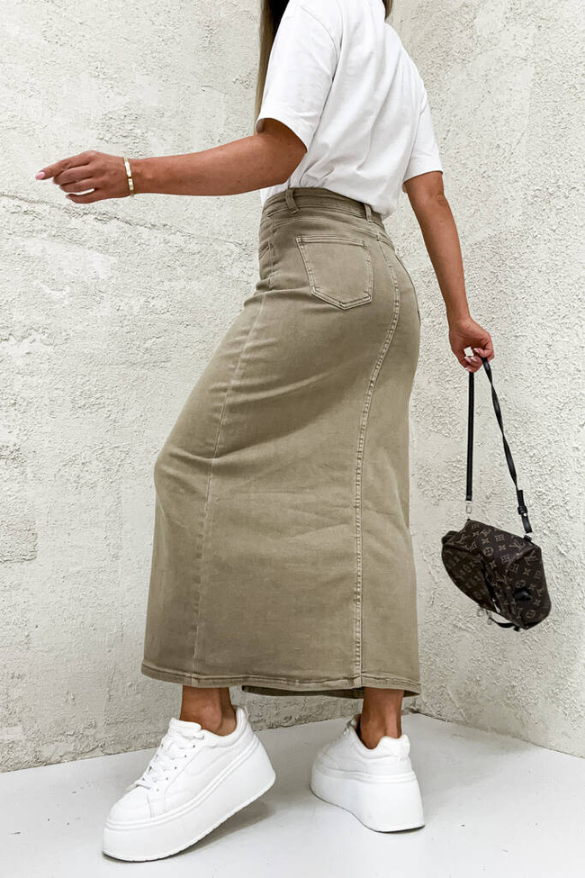 SPÓDNICA JEANSOWE MAXI Z ROZCIĘCIEM- BRĄZOWA