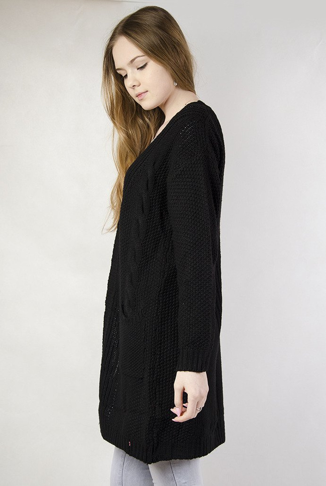 Długi czarny sweter z kieszeniami