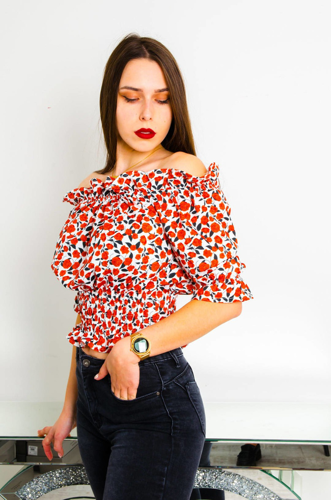 BIAŁA BLUZKA HISZPANKA W CZERWONE KWIATY