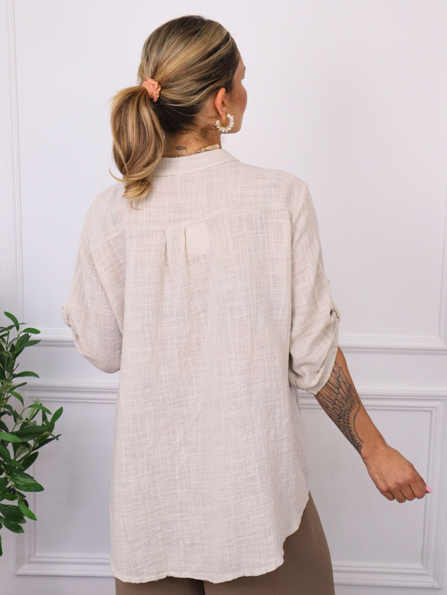 BLUZKA KOSZULOWA ASYMETRYCZNA Z LNEM- BEŻOWA