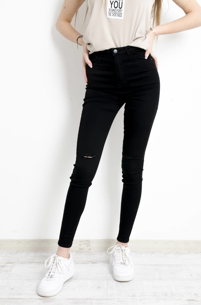 CZARNE SPODNIE SKINNY Z WYSOKIM STANEM- ROZCIĘCIA NA KOLANACH