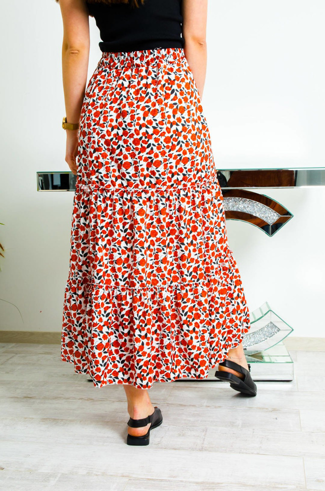DŁUGA BIAŁO CZERWONA SPÓDNICA MAXI W KWIATY 