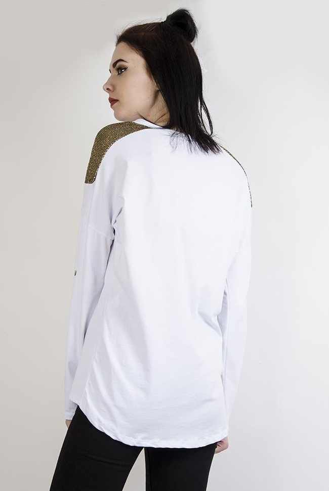 Biała bluzka z nadrukiem i złotymi elementami